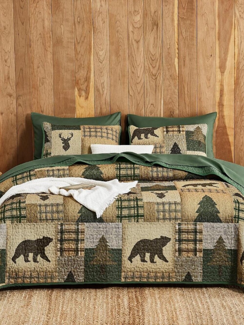 Rustic Quilt Set, Cabin Country Christmas Bear Deer Wildlife Plaid Lodge Western